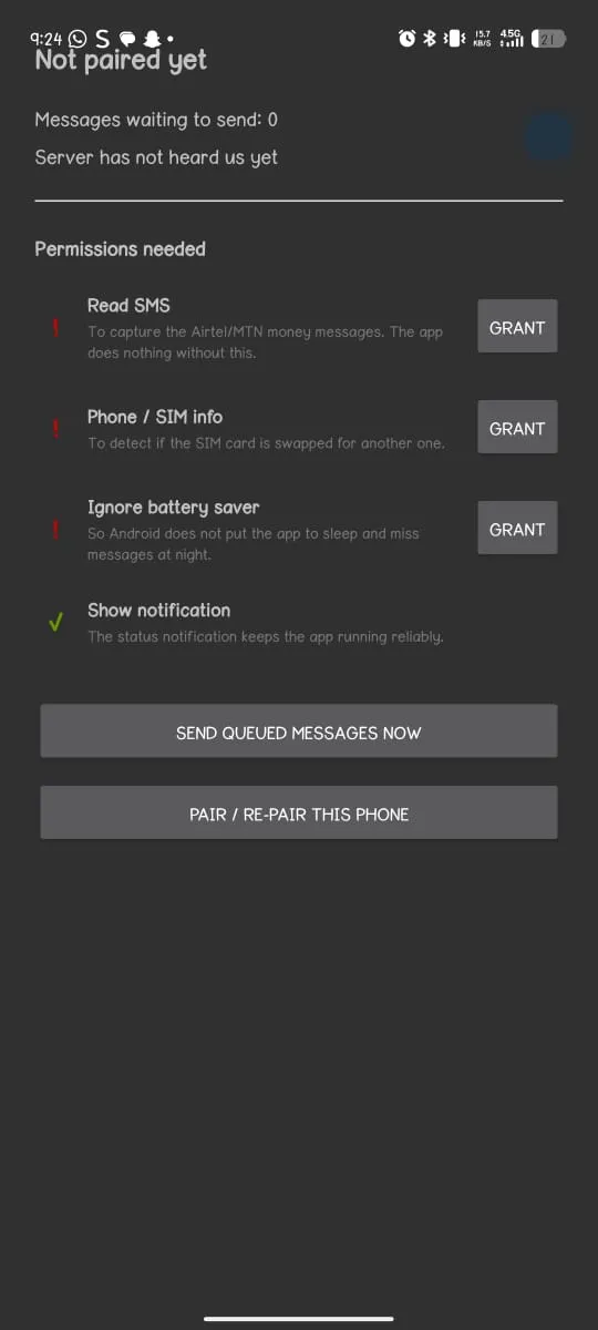TXN Manager, with the status, the Grant permission buttons, a granted tick and the Pair button marked