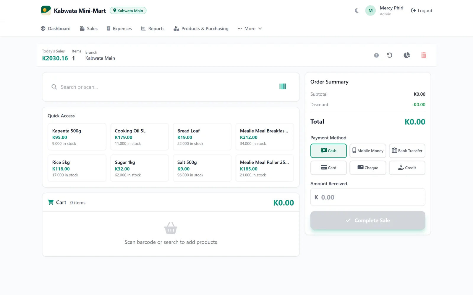 Selling at the counter. Scan a barcode or tap a product, take the money, done. Only the payment types you accept are shown.